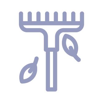 Outlined icon of a rake and two leafs in purple.