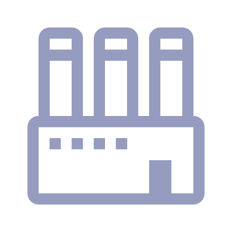 Purple outlined icon of a manufacturing building.